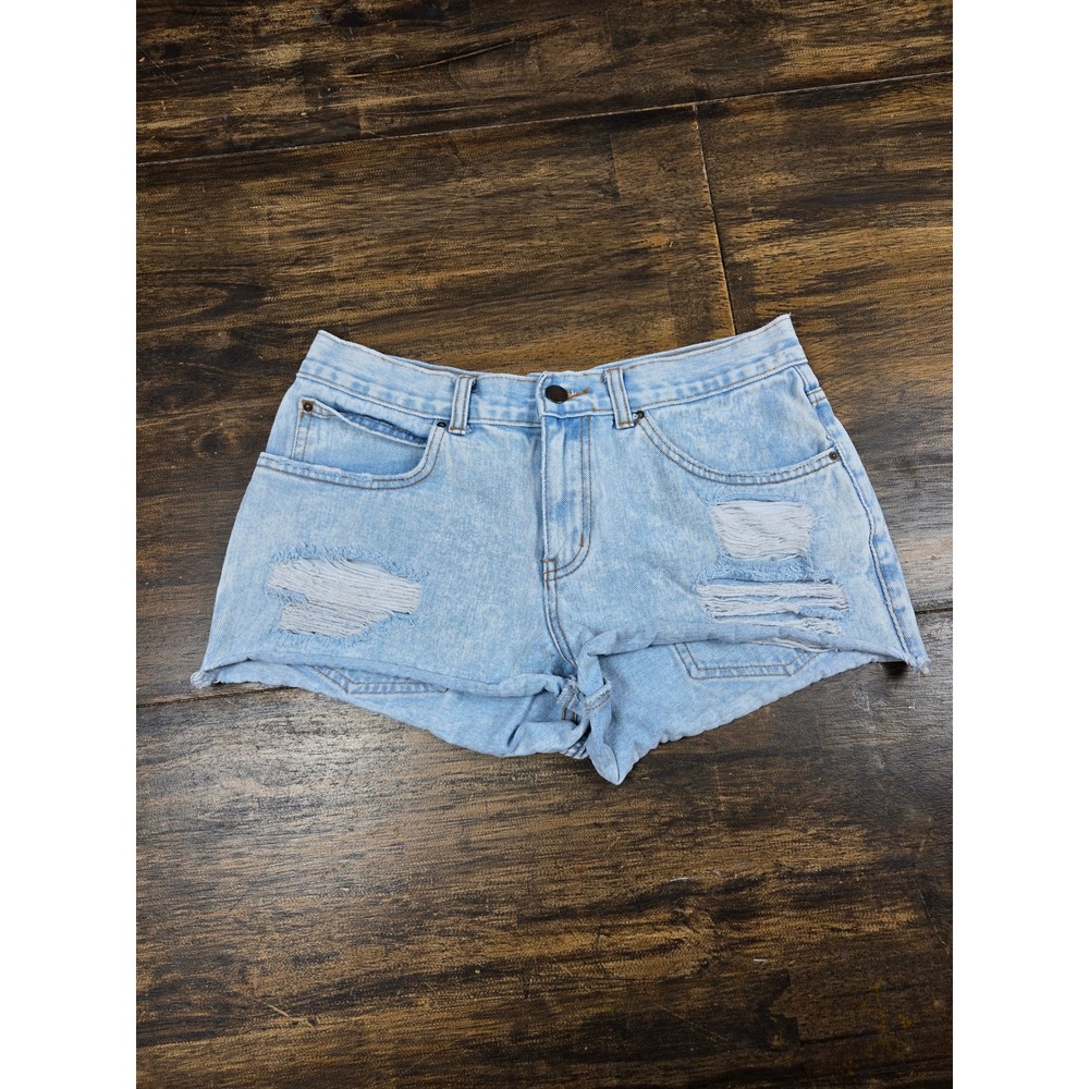 Billabong Women Distressed Denim Shorts Light Wash Blue Ripped Raw Hem Size 28